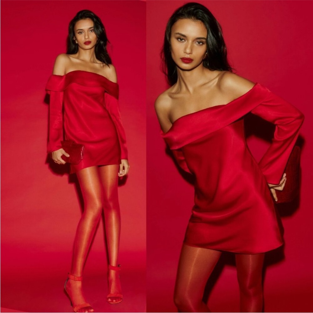 NWOT Reformation Maves Bridesmaid Satin Mini Dress Sz Small Cherry Off-Shoulder